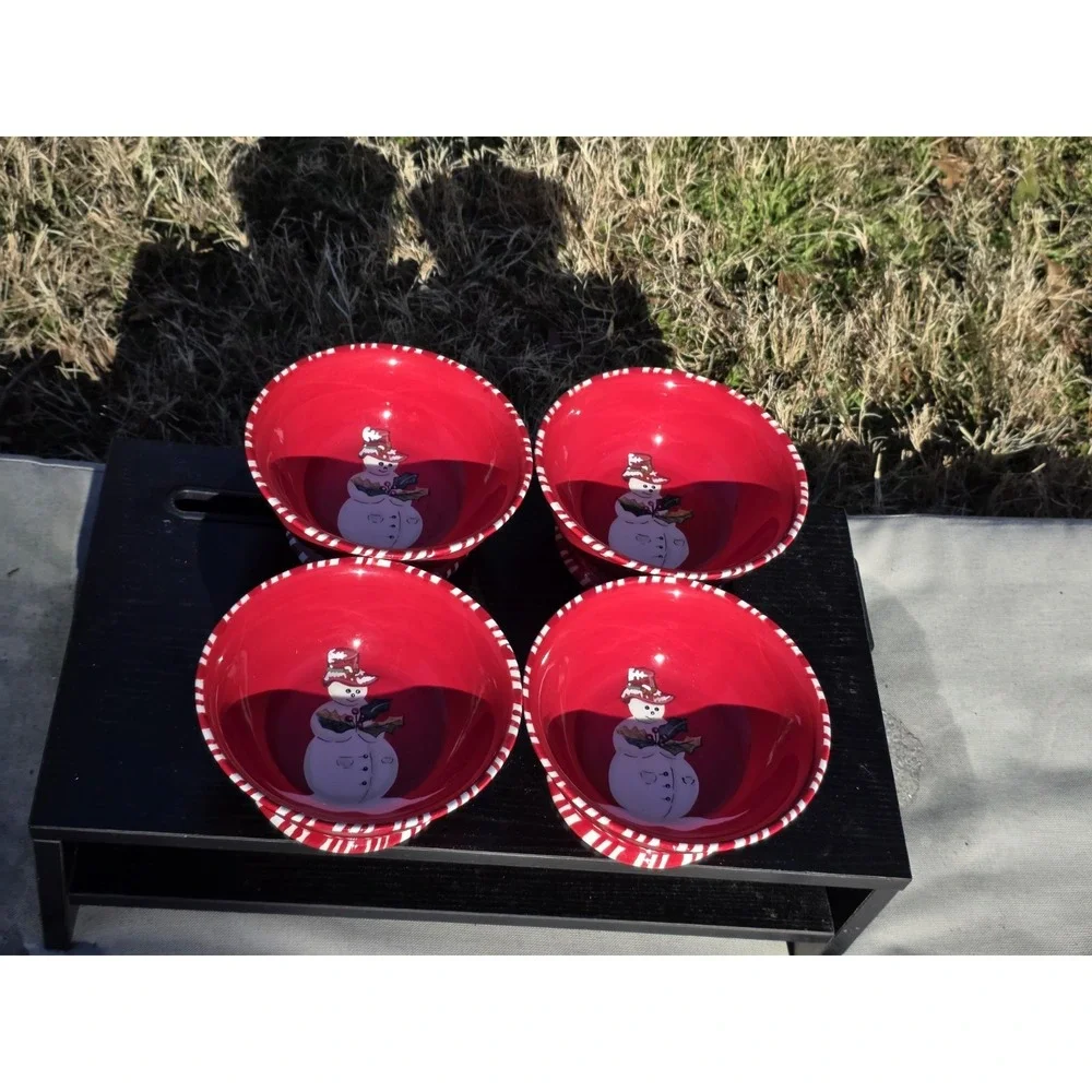 CHRISTMAS ~ TRACY PORTER ~ JOLLY OL' SNOWY SNOWMAN ~ (4) Footed CEREAL BOWLS EUC